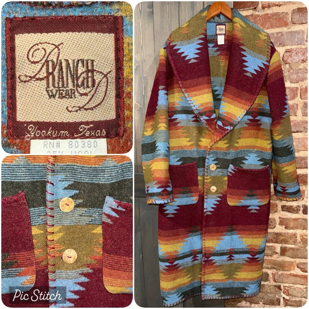 Vintage Double D Ranchwear Mens Wool Blanket Coat tribal EUC Western Sz S